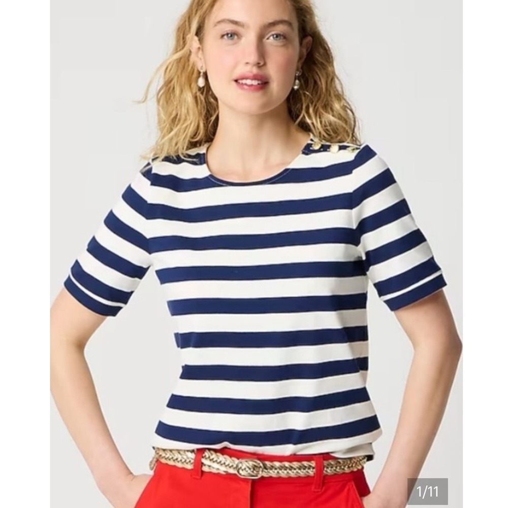J.Crew Womens M T-Shirt Navy White Striped Gold Shoulder Button Nautical
